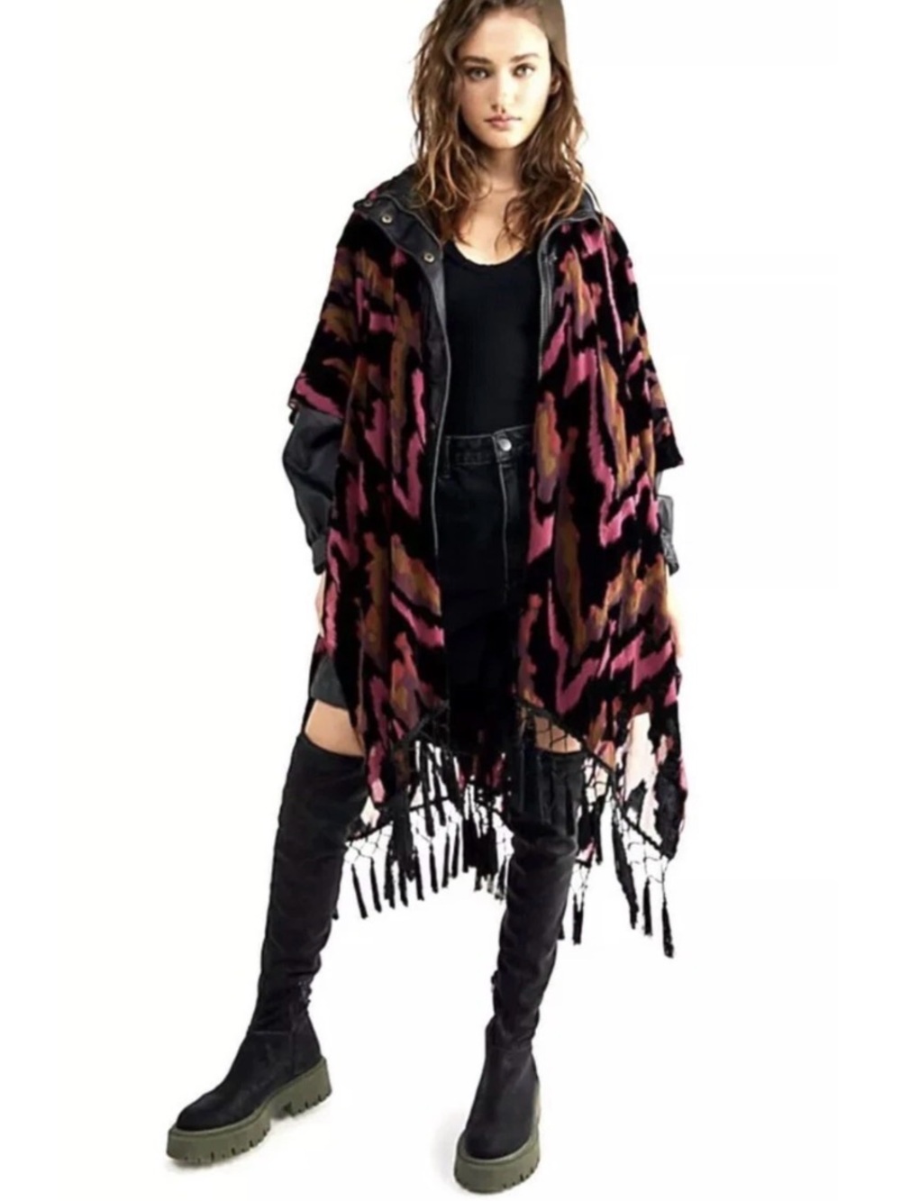 $98 Free People Dripping Velvet Burnout Kimono in Black, Pink & Brown